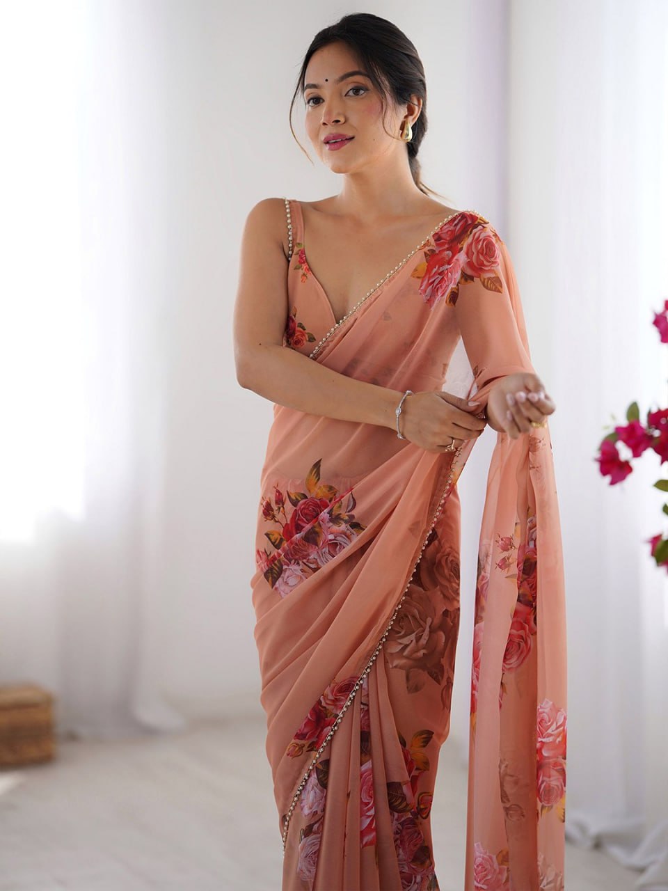 Peach Georgette Saree With Printed Work And Moti Border