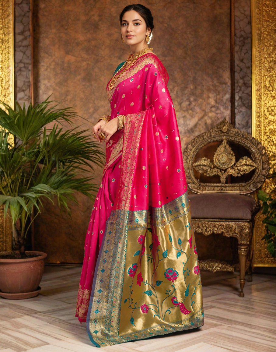 Traditional Pink Paithani Silk Saree With Zari Weaving Work