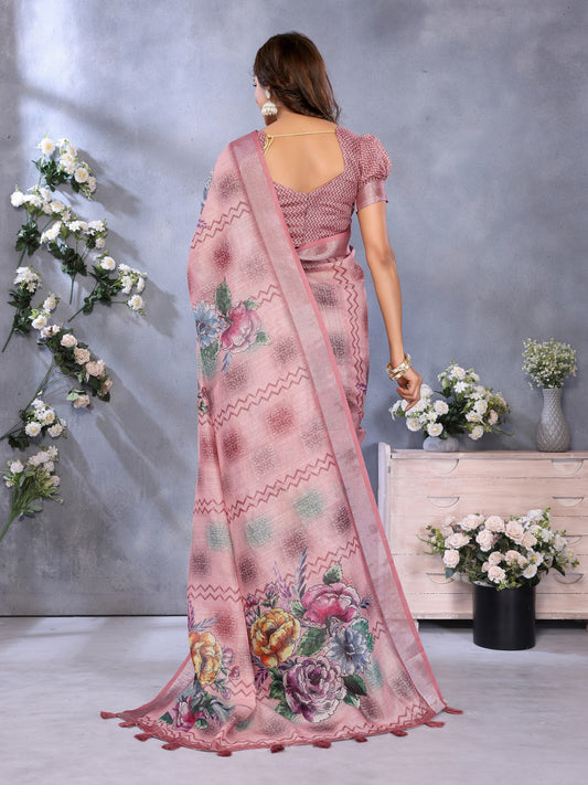 Dusty Pink Linen Cotton Saree With Digital Printed Work And Silver Zari Border