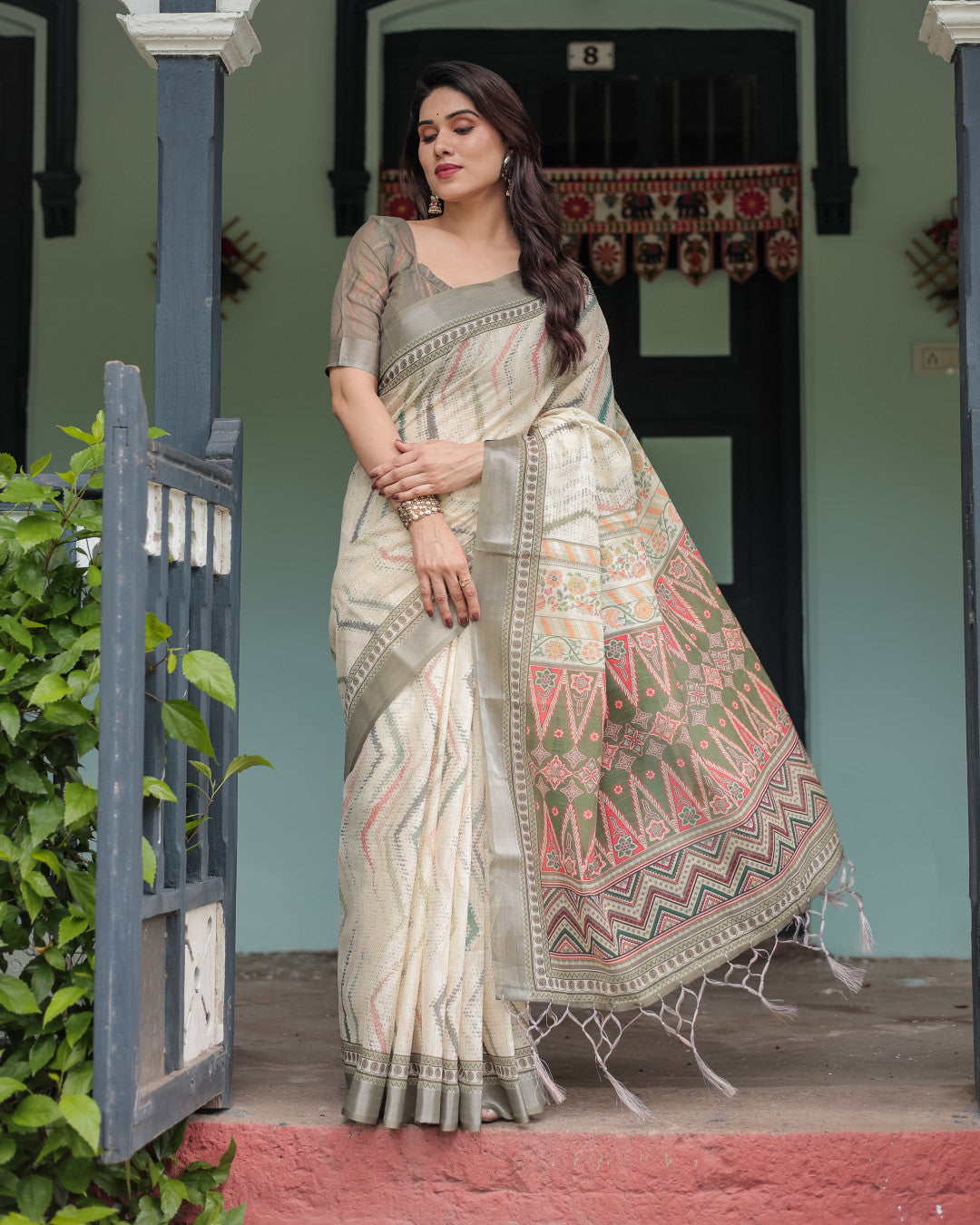 Mahendi Green Soft Linen Cotton Saree With Digital Printed Work