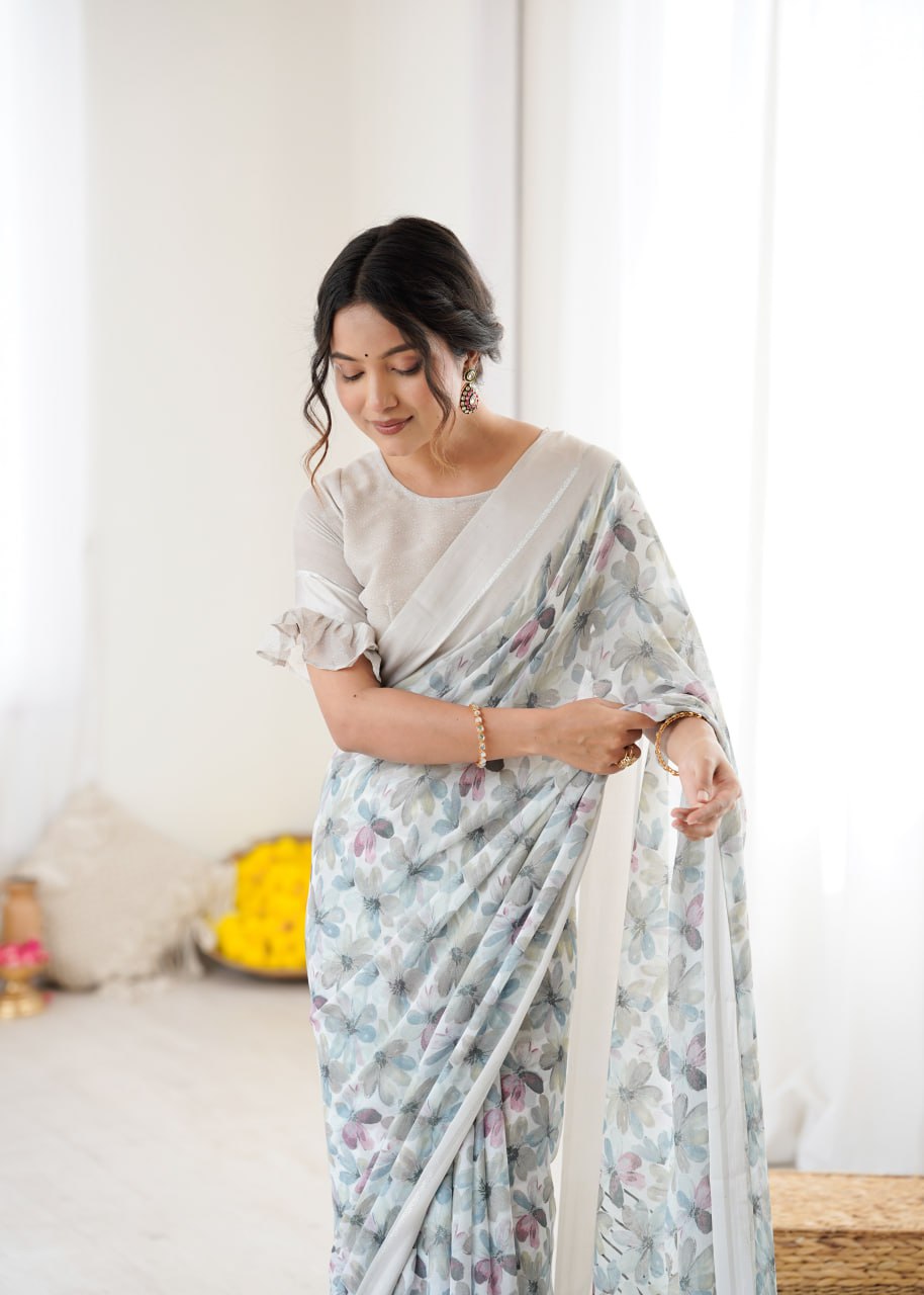 Gray Linen Cotton Saree With Flower Digital Printed Work