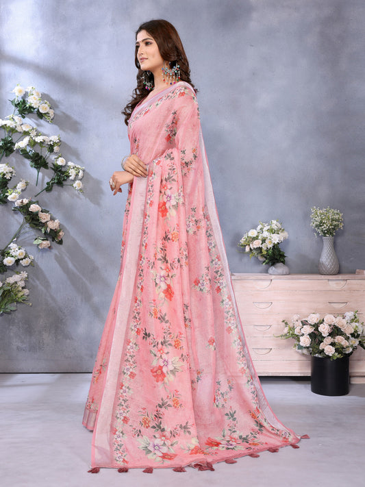 Pink Linen Cotton Saree With Digital Printed Work And Silver Zari Border