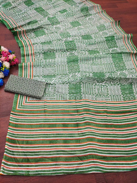 Mint Green Color Soft Pure Cotton Silk Saree With Bagru Print Work