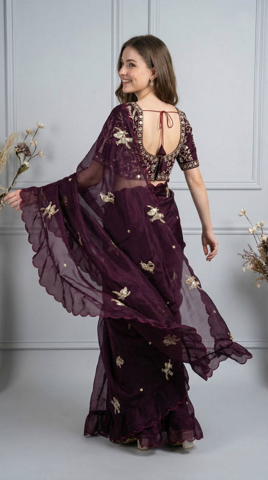 Wine Fandy Satin Silk Saree With Heavy Shine Hand Work &Cutwork Border | Wedding & Party Wear - JaipurSaaj