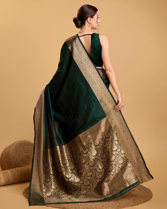 Dark Green Soft Kanchipuram Silk Saree With Zari Weaving Work