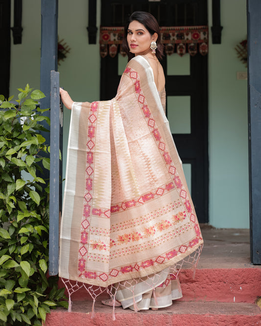 Beige Soft Linen Cotton Saree With Digital Printed Work
