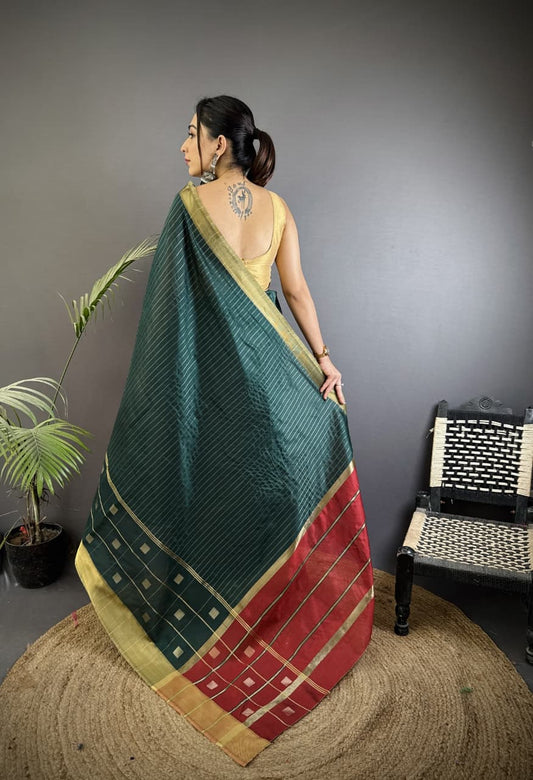 Dark Green Soft Cotton Silk Saree With Zari Weaving Work