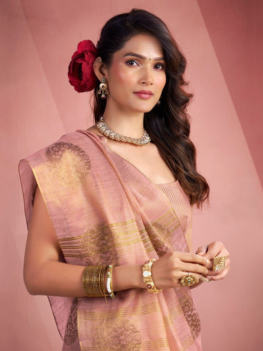 Close view of baby pink tissue silk saree with fancy zari butta showcasing elegant drape and detailing