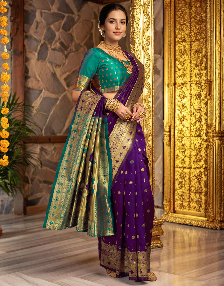Traditional Wine Paithani Silk Saree With Zari Weaving Work