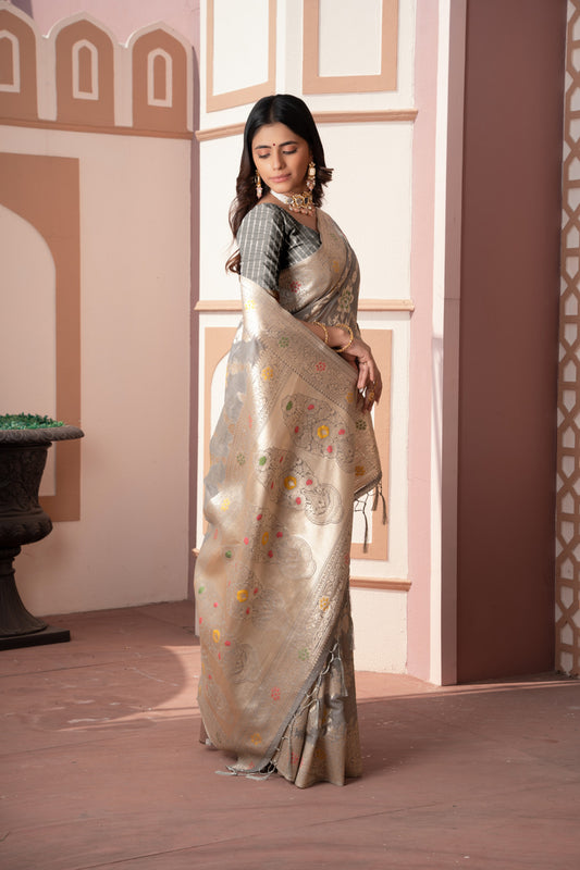 Gray Banarasi Cotton Silk Saree With Zari Woven Work