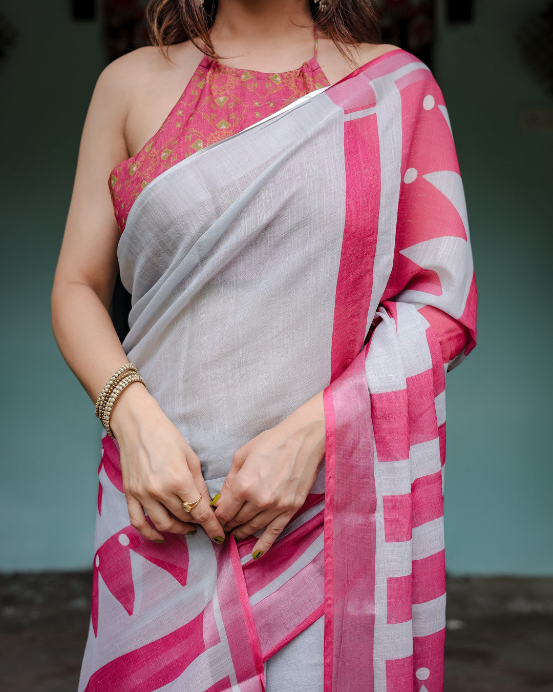 White And Pink Floral Digital Printed Linen Cotton Saree