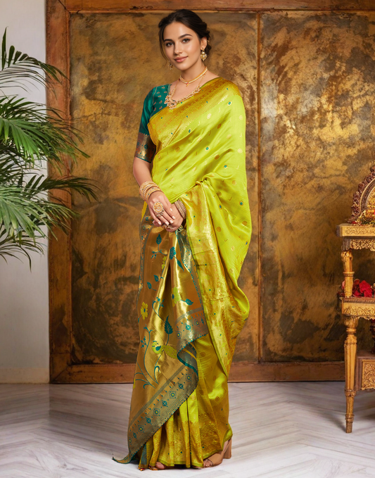 Traditional Parrot Green Paithani Silk Saree With Zari Weaving Work