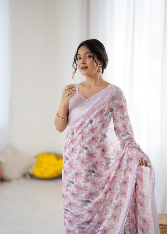 Baby Pink Linen Cotton Saree With Flower Digital Printed Work