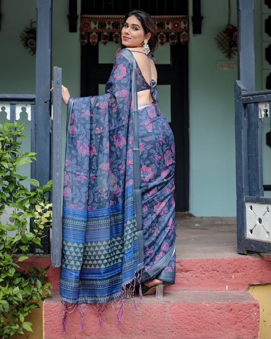 Navy Blue Floral Digital Printed Linen Cotton Saree