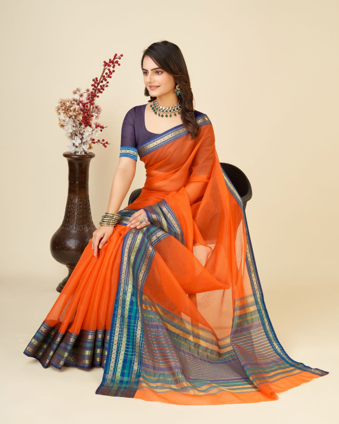 Orange Color Doriya Cotton Saree With Woven Design