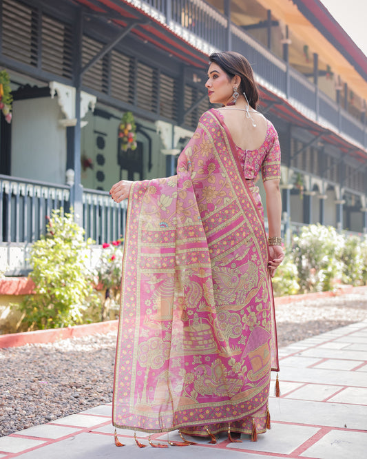 Pink Soft Linen Cotton Saree With Kalamkari Digital Printed Work