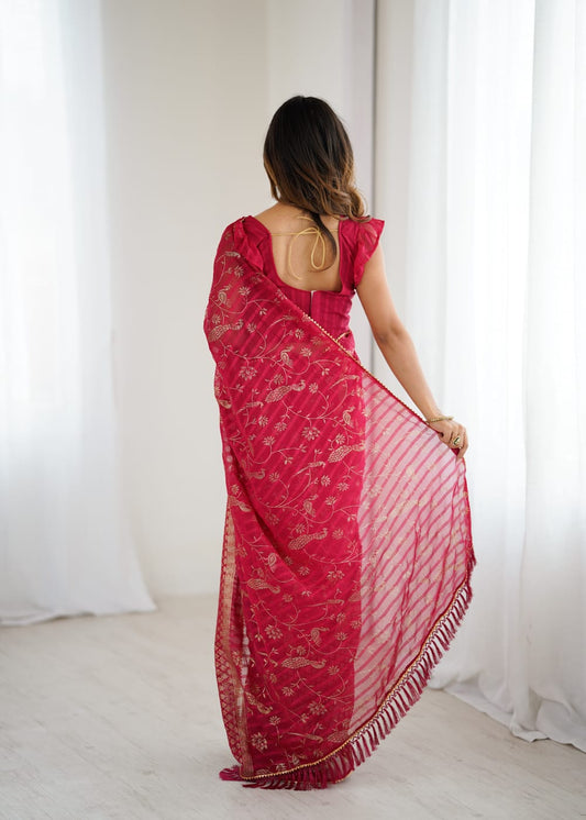 Red Color Georgette Saree With Digital Printed Work And Lace Border
