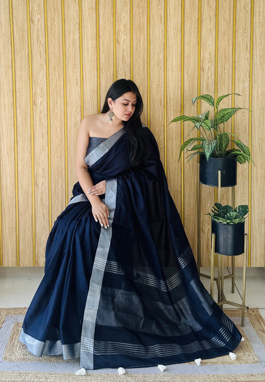 Navy Blue Linen Cotton Saree With Silver Zari Border