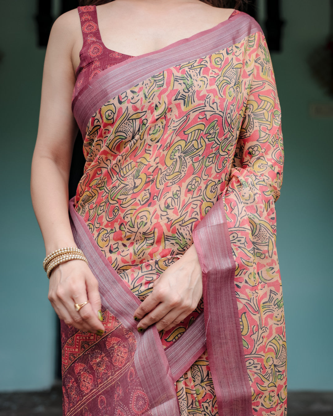 Beige Floral Digital Printed Linen Cotton Saree