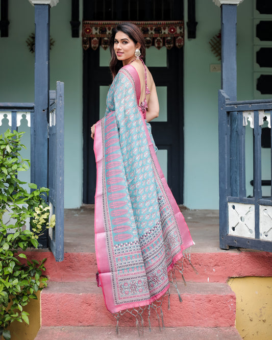 Sky Blue Summer Special Digital Printed Linen Cotton Saree