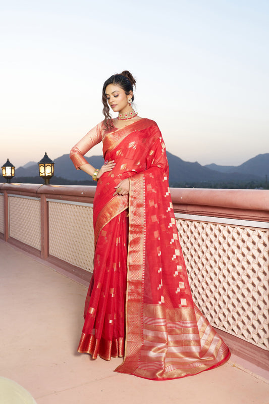 Red Kota Doriya Saree With Zari Weaving Work | Party & Festive Wear – JaipurSaaj