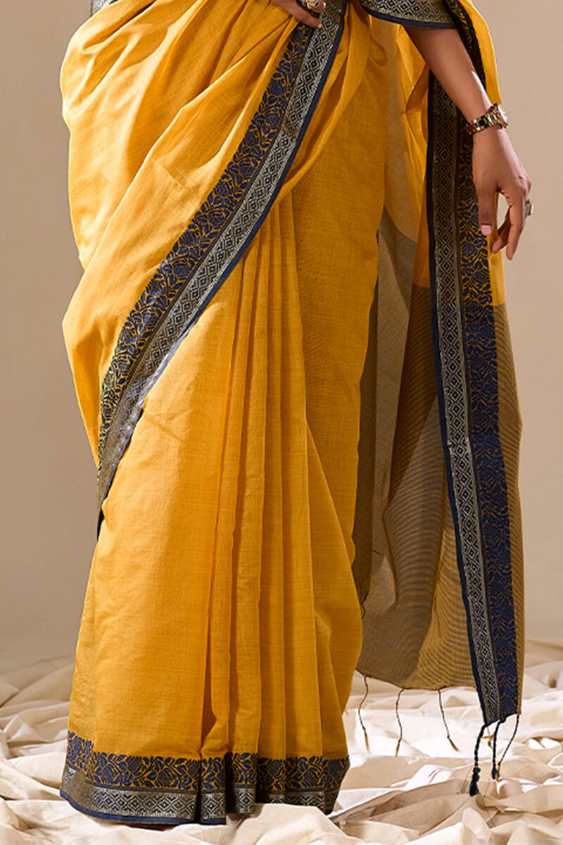 Yellow Linen Cotton Saree With Weaving Work