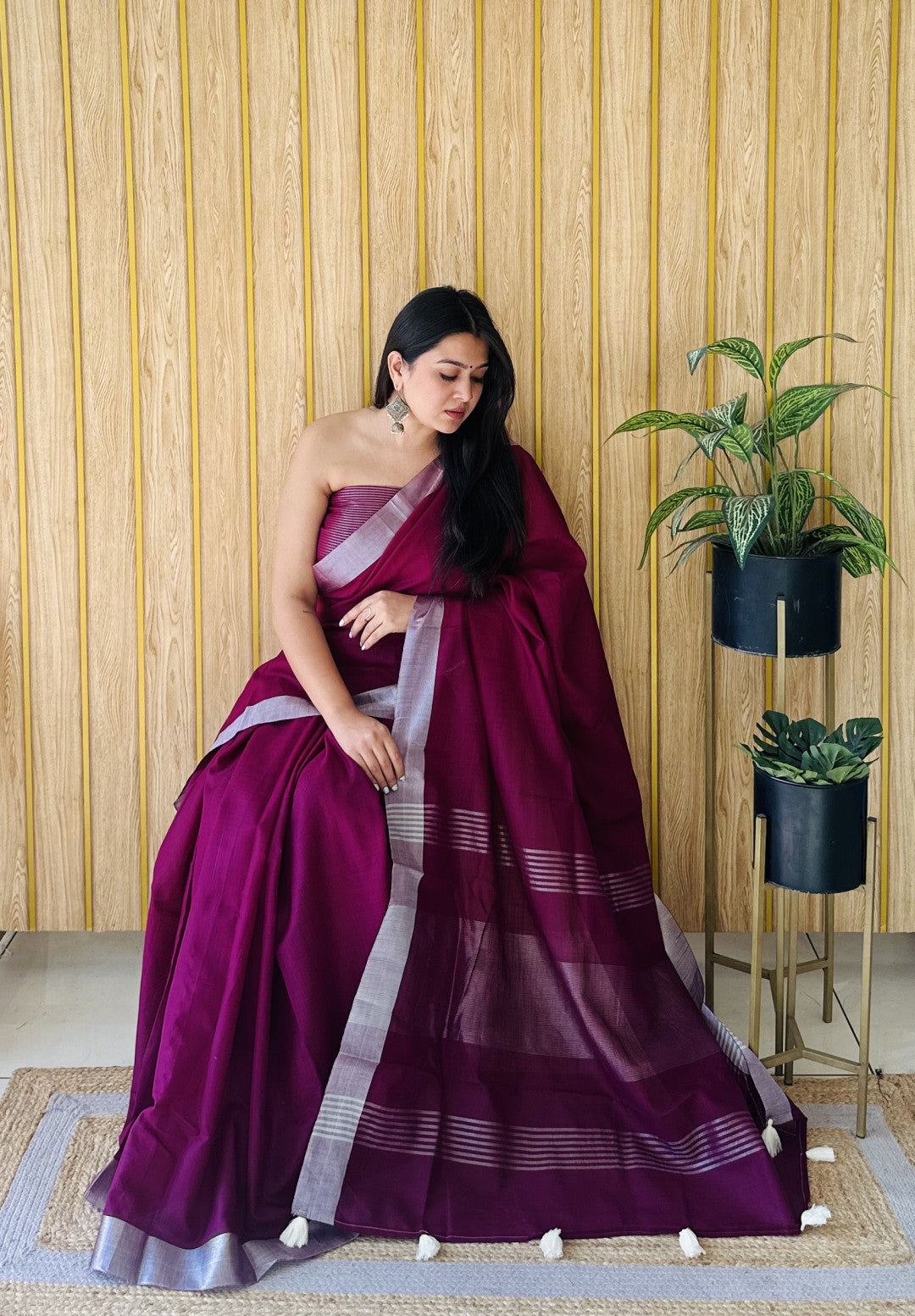 Magenta Linen Cotton Saree With Silver Zari Border