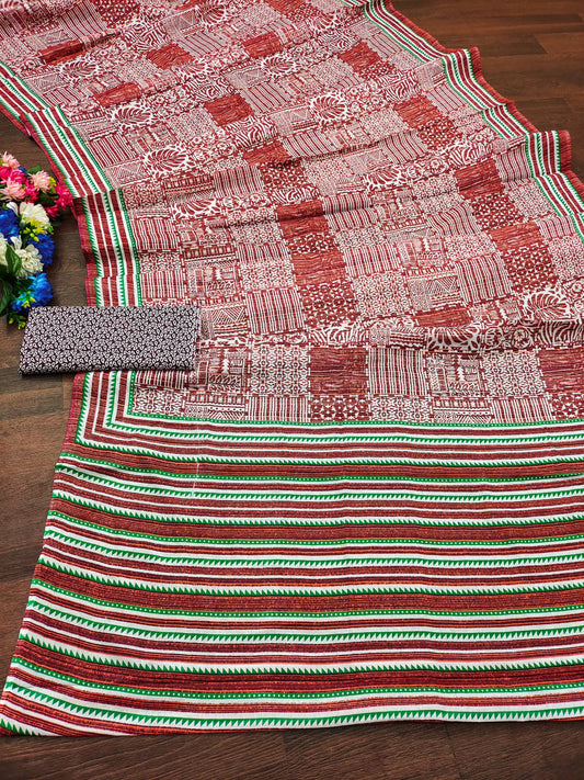 Red Color Soft Pure Cotton Silk Saree With Bagru Print Work
