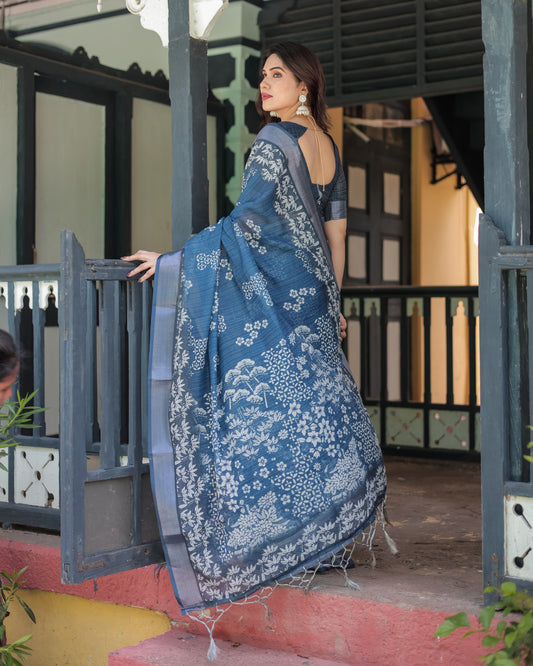 Blue Soft Linen Cotton Saree With Digital Printed Work