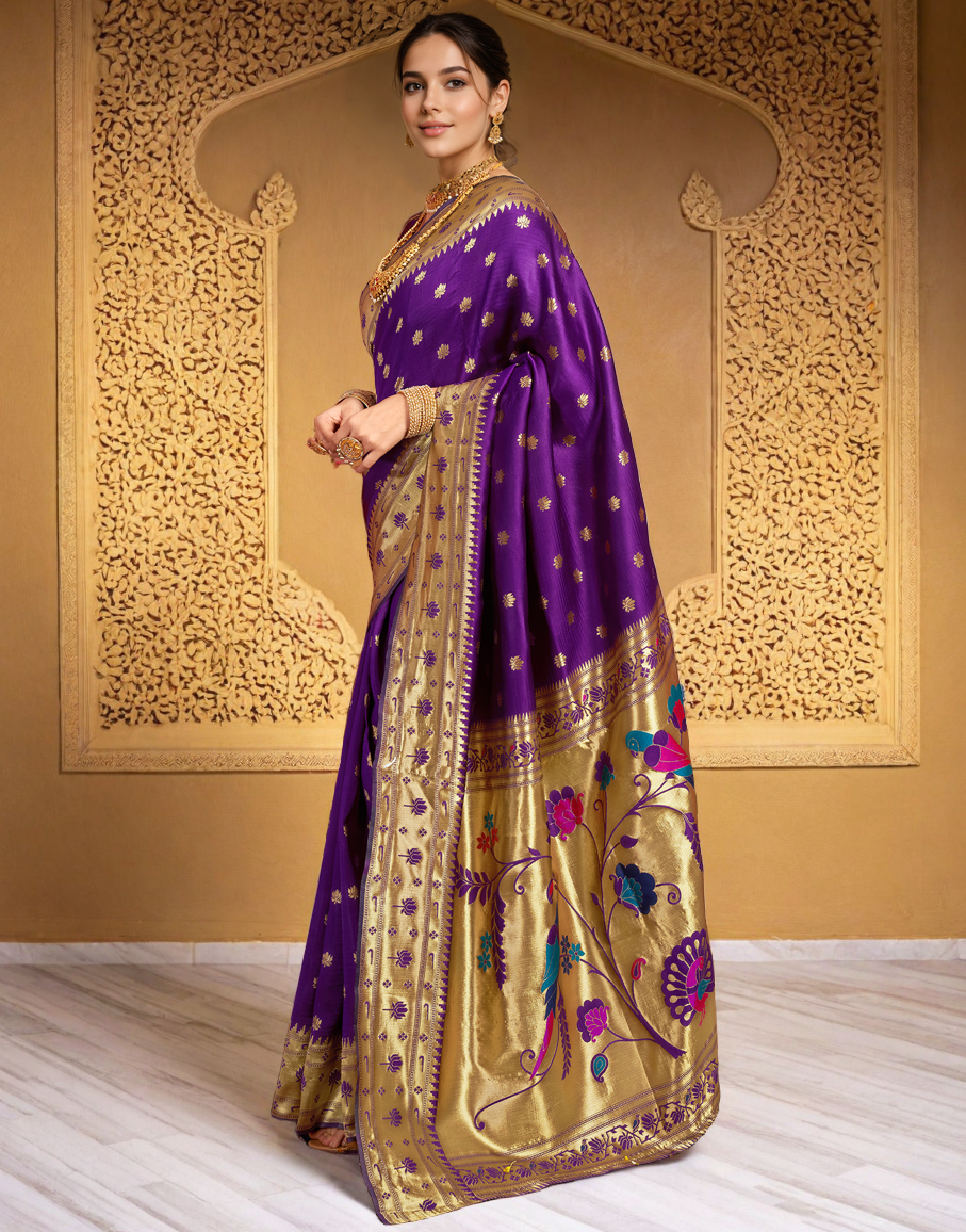 Traditional Purple Paithani Silk Saree With Zari Weaving Work