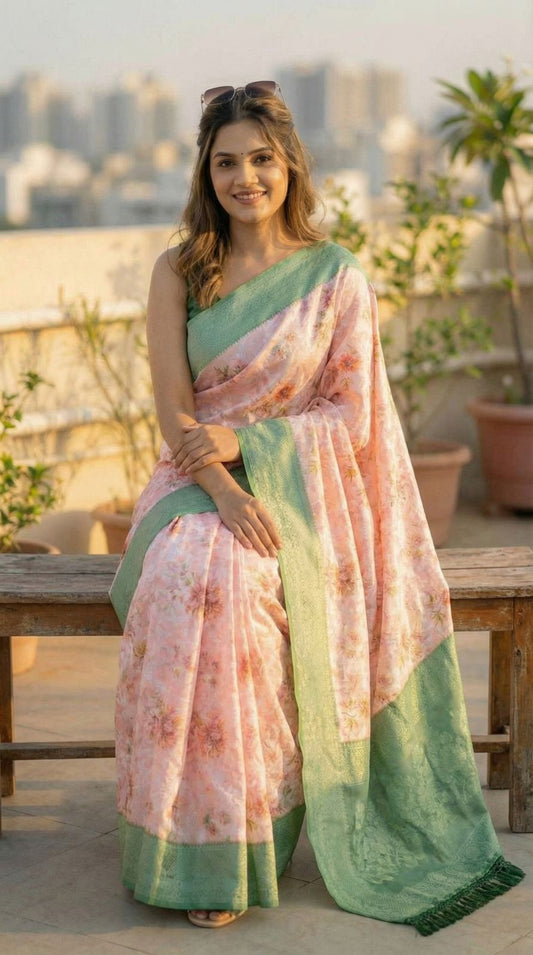 Baby Pink Floral Printed Brasso Silk Saree With Zari Weaving Work