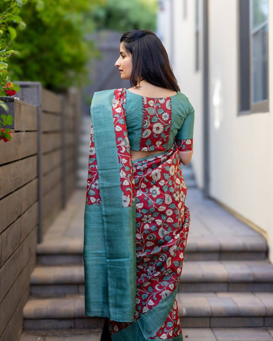 Red Colour Chanderi Cotton Saree With Kalamkari Digital Printed Work