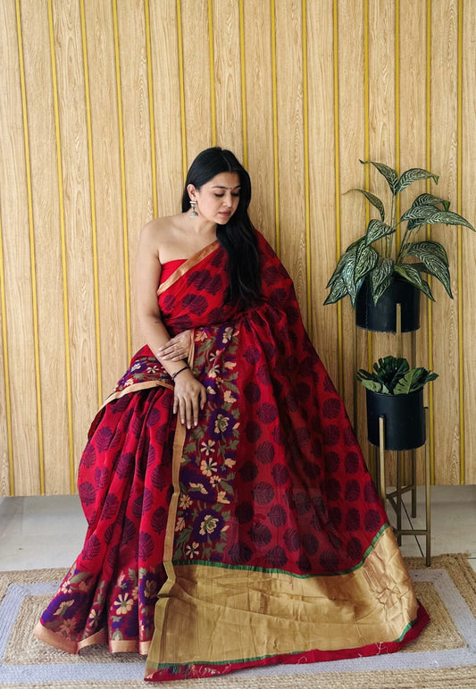 Red Soft Cotton Saree With Jacquard Border