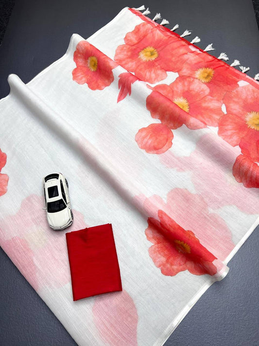 Orange Color Plain Mix Linen Cotton Saree With Digital Printed Work