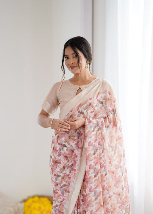 Peach Linen Cotton Saree With Flower Digital Printed Work