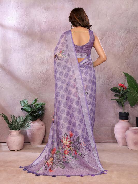 Lavender Linen Cotton Saree With Digital Printed Work And Silver Zari Border