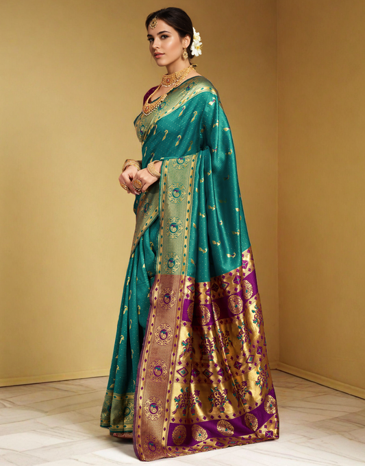 Traditional Rama Green Paithani Silk Saree With Zari Weaving Work