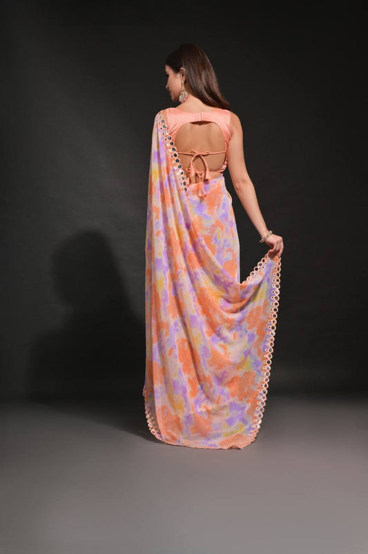 Orange Chiffon Silk Saree with Prism Print & Foil Mirror Work Border | Designer Party Wear – JaipurSaaj