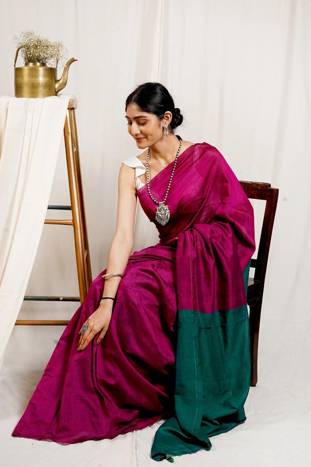 Magenta Color Plain Khadi Cotton Saree With Fancy Tassel Work