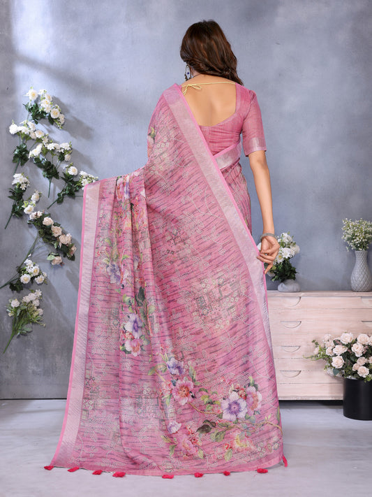 Pink Linen Cotton Saree With Digital Printed Work And Silver Zari Border