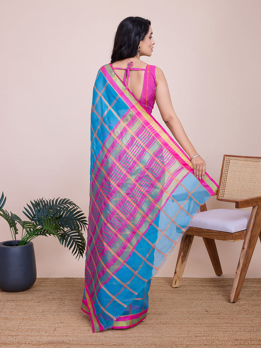 Sky Blue Kota Doriya Saree With Zari Weaving Work