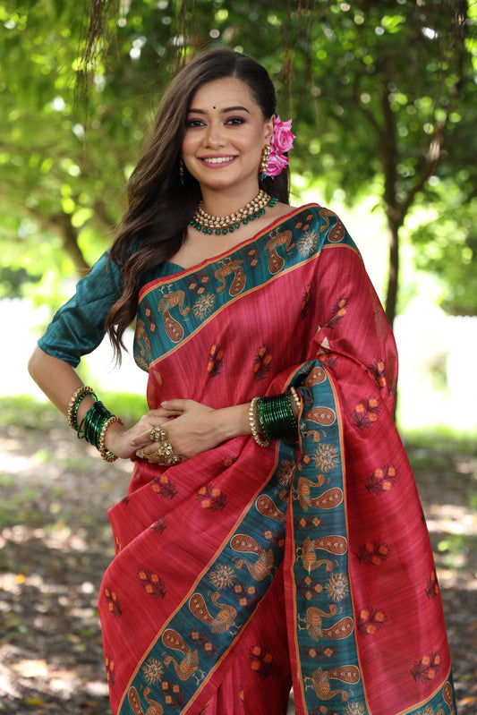 Pink Peacock Digital Printed Tussar Silk Saree | Traditional Festive Ethnic Wear – JaipurSaaj