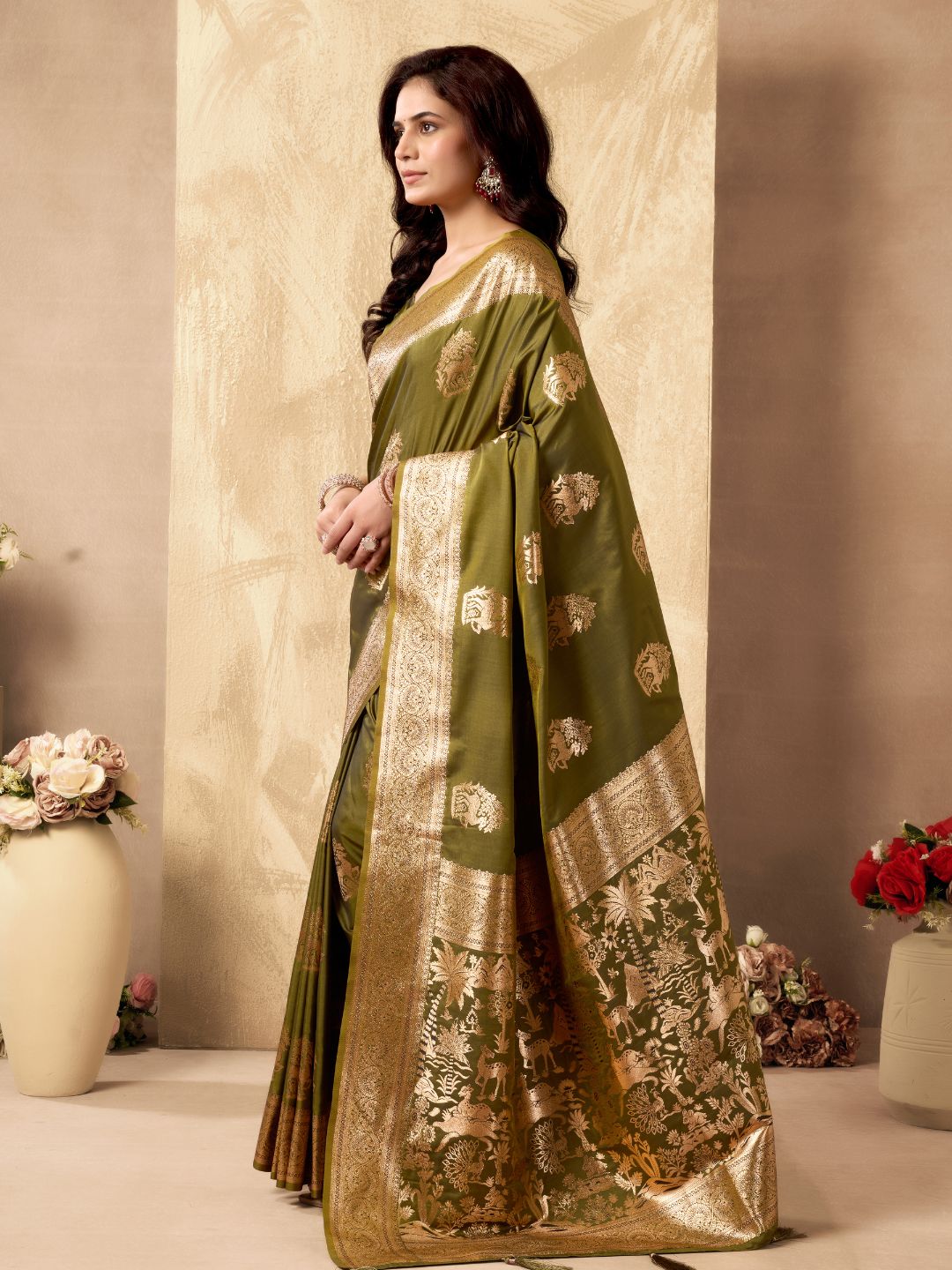 Alternate full view of mehndi green Banarasi silk saree with Warli weaving and zhallar border
