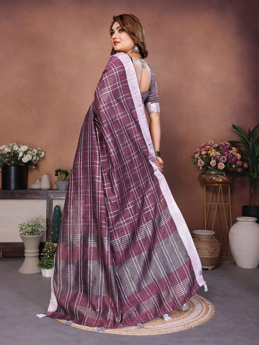 Magenta Linen Cotton Saree With Silver Zari Border