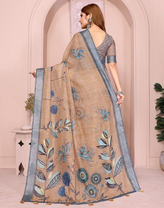 Beige Linen Cotton Saree With Digital Printed Work And Silver Zari Border