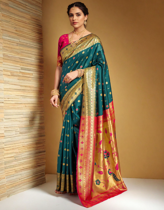 Traditional Teal Green Paithani Silk Saree With Zari Weaving Work