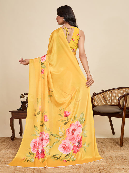 Yellow Soft Chinnon Silk Saree With Digital Printed Work