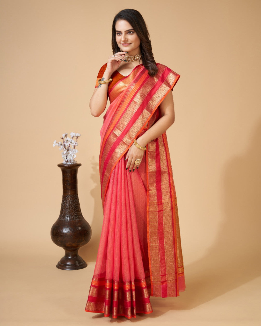 Gajari Color Kota Doriya Saree With Zari Weaving Work