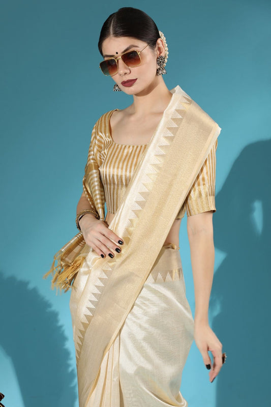 Off White Aasam Silk Saree With Zari Weaving Work