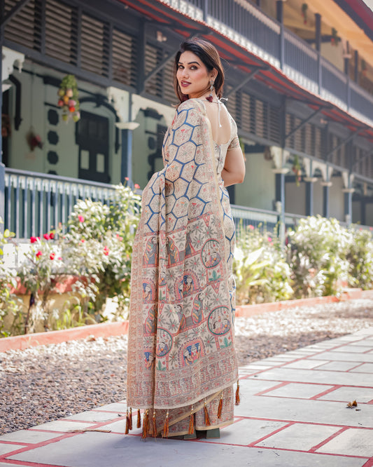 Beige Soft Linen Cotton Saree With Kalamkari Digital Printed Work